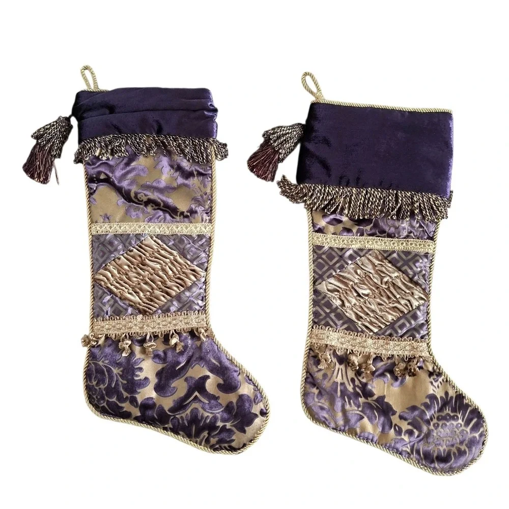 3pc Victorian Style Christmas Set Purple Velvet Tree Skirt &‎ 2 Stockings Tassel